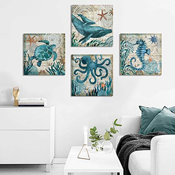 Home Wall Art Deco-Marine Themed Mediterranean Style Canvas with Frame Sea Animal Octopus Sea Turtle Seahorse Whale Picture Post