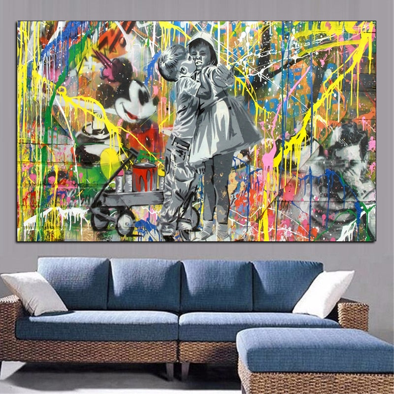 Graffiti Street Art Abstract Boy Kiss Girl Canvas Painting Poster and Prints Cuadros Banksy Pop Wall Art Pictures Home Decor